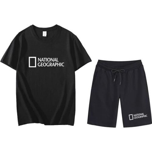 New National Geographic Indication Printed Men’s Summer O-Neck 2-Piece Sportswear 100% Cotton Men’s T-shirt Shorts Sports Suit