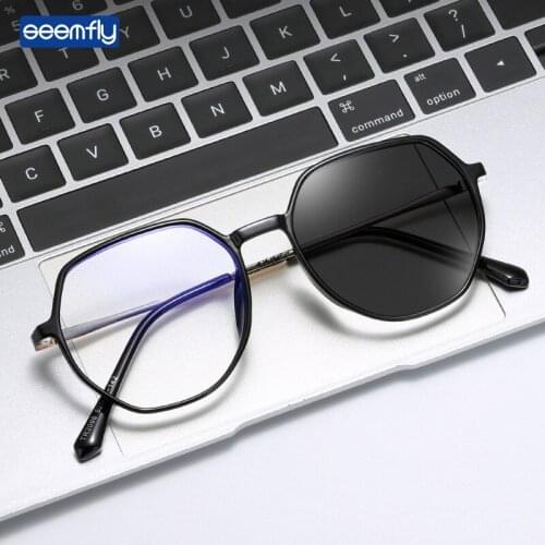 Seemfly Anion Retro Metal Large Plain Glasses Men Women Ultralight Transparent Frame Eyewear Student Photochromic Lens Goggles