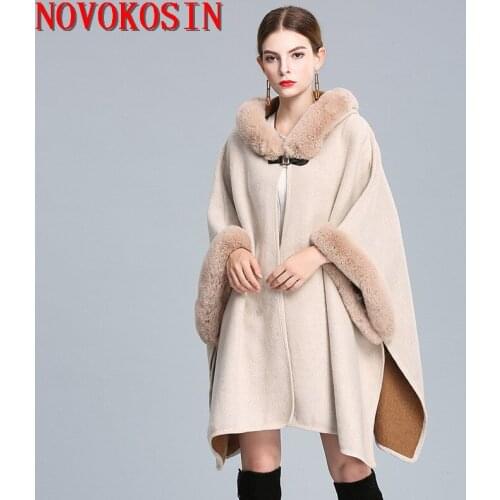 9 Colors 2021 Winter Warm Cloak Thick Long Batwing Sleeves Fur Hat Loose Coat Poncho Women Faux Rabbit Fur Out Wear Cardigan