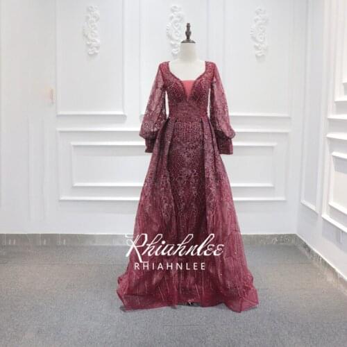 Rhiahnlee Long Sleeve Wine Red Muslim Evening Gowns For Party New Design Mermaid Luxury Dubai Beading Evening Dress