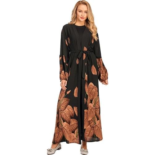 Ramadan New Muslim Fashion Women Digital Printed Maple Leaf Sleeve Open Kimono Chiffon dubai abaya turkey Islamic Clothing