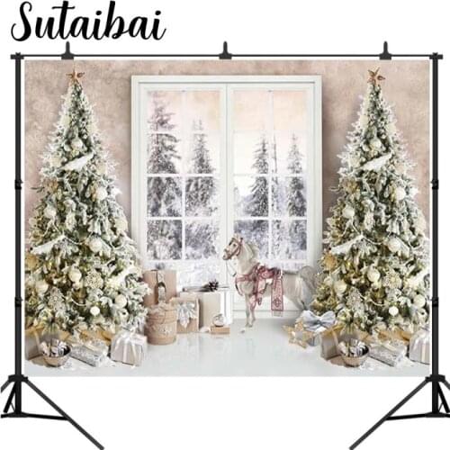 Christmas Window Backdrop Winter Snow Photography Xmas Tree Gift Decor Baby Kids Portrait Photo Props Studio Booth Background