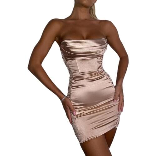 Sexy Women Sleeveless Short Dress Club Wear Bodycon Satin Fashion Dresses Ruched Pleated Strapless Casual Female Mini Dress