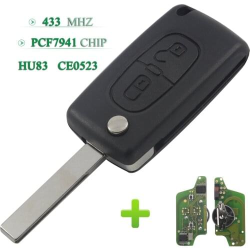 Bilchave 2 Button ASK 433mhz PCF7941 Chip CE0523 Flip Folding Remote Key Shell For Citroen Peugeot With Uncut HU83 Blade