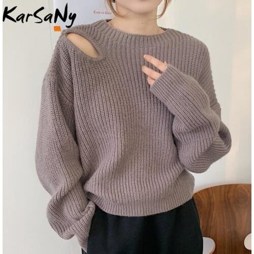 Loose Knitted Sweater Women Autumn 2021 Gray Black Khaki Knitted Sweaters Lazy Ladies Open Shoulder Sweater For Women Fashion