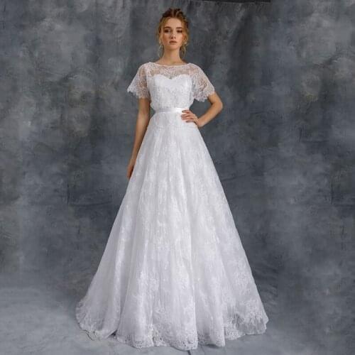 Princess A-Line Wedding Dress 2021 Short Sleeve O-Neck Lace Tassel Button Tulle Elegant Bridal Gown With Belt Floor Length