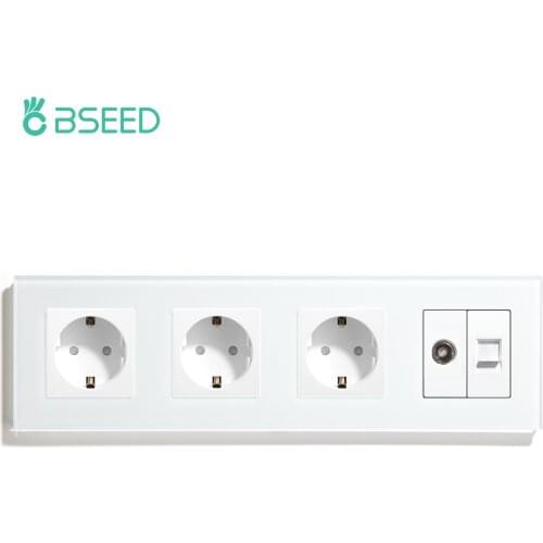 BSEED Triple Power Socket With PC TV Outlet Four Glass Frames Internet CAT5 Television Wall Socket 110-250V EU Standard