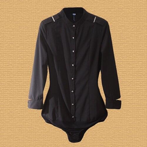 2020 Spring Women Tops Smart Office Blouse Quarter Sleeve Stand Collar Shoulder Epaulets White Shirts Bodysuit Black