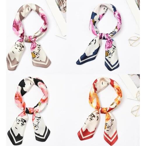 Yishine 20pc Mix Colors Multifunction Rose Printed Womens Satin Small Square Wraps Scarves Shaw Polyester Silk Scarf 70x70cm