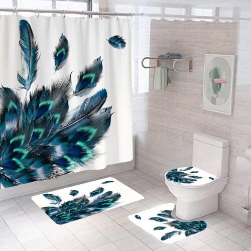 Green Feather Shower Curtain Fashion Gift With Non Slip Rug Mat Bathroom Curtains Waterproof Polyester Hooks Home Decor 180x180