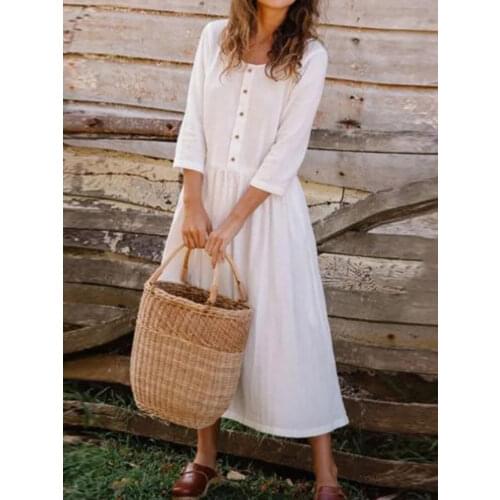 2021 Spring Summer Women Solid Cotton Linen Casual Dress Elegant Buttons O Neck Three Quarter Sleeve Ladies Sundress Beach Style