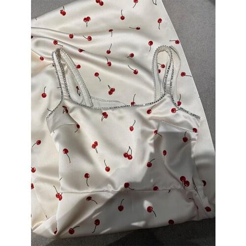 2021 Spring Summer New French Cherry Printing Diamond Strap Dress Women Sleeveless Mid-length A-line Party Dress Y841