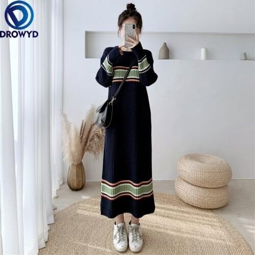 221 Autumn/winter Long Striped Contrast Color Knitted Thickened Dress Loose and Thin Sweater Dress Women Stretch Pullover Dress