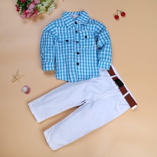 2020 New Fashion boys clothing set Children loose-fitting cotton plaid shirt+ pants+ belt 3 pcs minion Kids clothes set