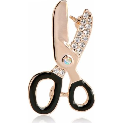 Cute Scissors Rhinestone Brooch Female Occupational Corsage Black Enamel Gold-olor Suit Collar Clips Hijab Pin Up Brooches