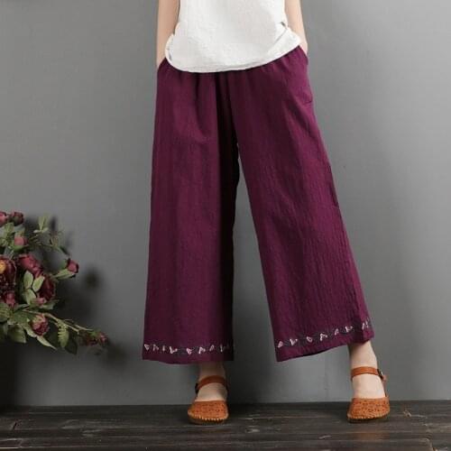 Plus Size Women Cotton Pants Summer Elastic Waist Loose Casual White Wide Leg Pants Chinese Style Cotton Linen Trousers 12698