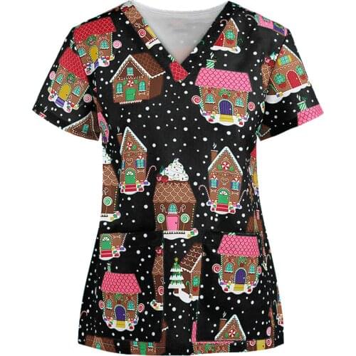 Womens Christmas Thanksgiving Short Sleeve V-neck Care Worker Top Short Sleeve Top Nurse Christmas Thanksgiving Top футболки 8