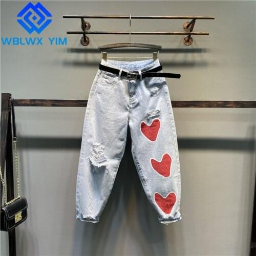 High Waist Jeans Women Hole Fashion Love Print Jeans Womens Loose Washed Jeans Casual Denim Harem pants Spring Summer New Jeans