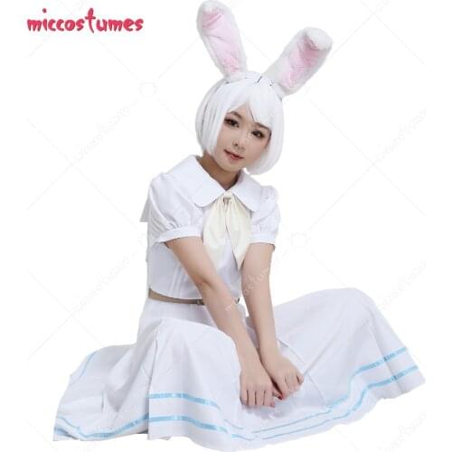 Haru Miss Rabbit School Uniform Puff Sleeve White Dress Cosplay Costume Woman Full Set with Bow and Belt