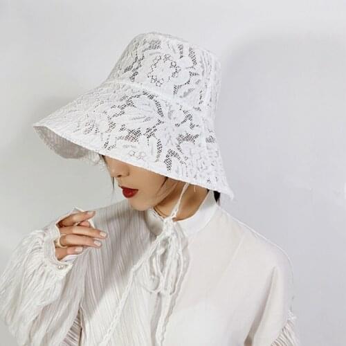 New Summer Black White Sunshade Big Wide Brim Lace Flower Female Floppy Travel Packable UV Hat Lace Up Casual Bucket Cap Cape