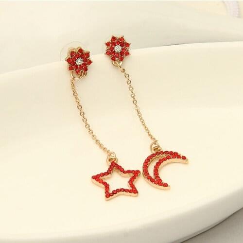 Korean jewelry wholesale fashion new moon and the stars asymmetric female models long zinc alloy rhinestone earrings E--0025