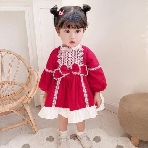Baby Girls Lolita Red Dress for Birthday Toddler New Lace Ruffles Dress with Bows Lovely Kids Party Gown