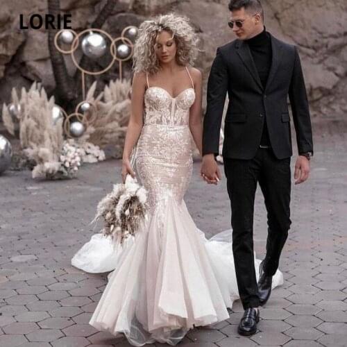 LORIE New Arrival Mermaid Wedding Dresses Spaghetti Strap Appliques Lace Sexy Wedding Gowns Custom Made Boho Bridal Dress 2021