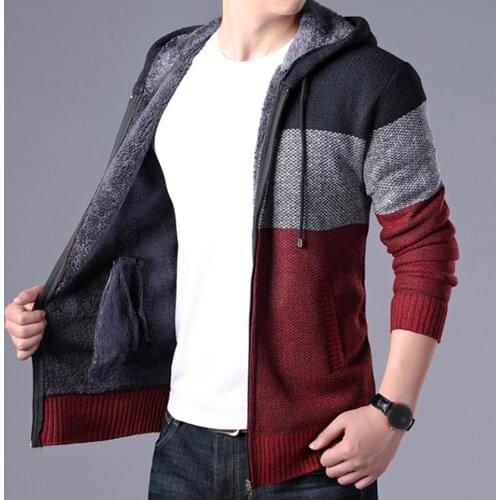 Autumn Winter Men Long Sleeve Color Block Zipper Slim Jacket Plush Warm Coat