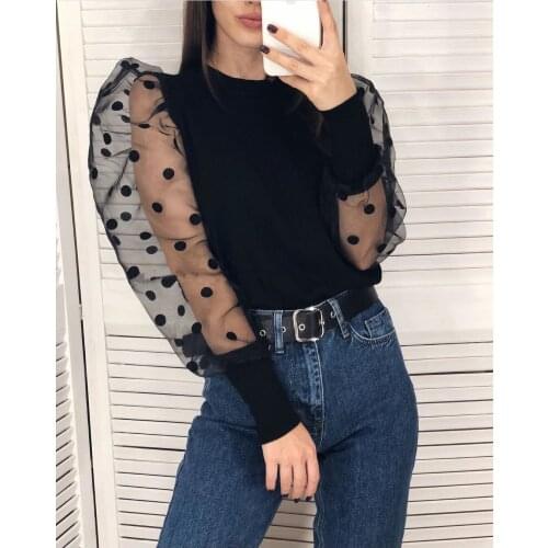 Autumn Sexy T-shirt Women 2021 See Through Knitted Lace Dot Lace Tee Shirt Femme Long Sleeve Woman Tshirts Plus Size Top