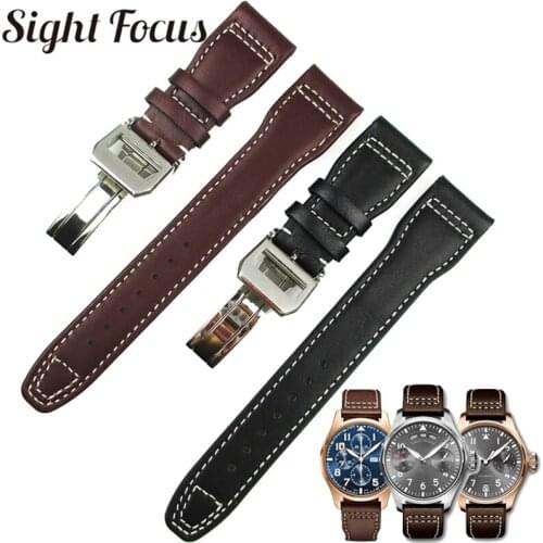 22mm Black Brown Calfskin Leather Strap for IWC Big Pilot Spitfire Annual Calendar Chronograph Watch Band Deployment Buckle Belt