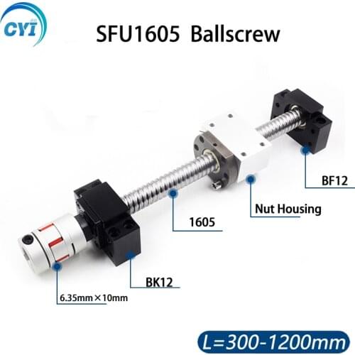 Ballscrew 300-1200mm SFU1605 rolled ball screw C7 with end machined+1605 ball nut+nut housing+BK/BF12 end support+Shaft coupling