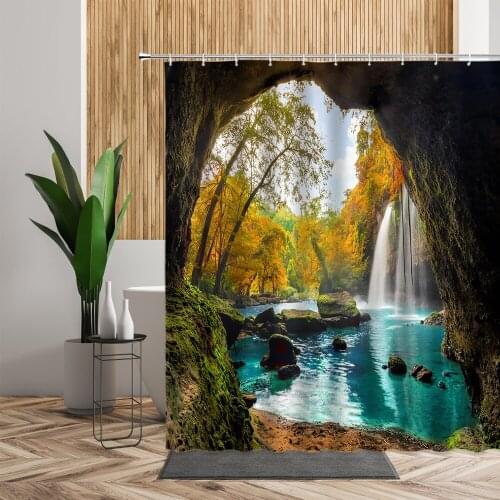 Cave Waterfall Forest Landscape Shower Curtains Yellow Jungle Cliff Scenery Home Decoration Bathroom Curtains Polyester Screen