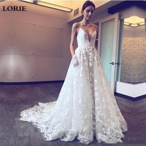 LORIE A Line Wedding Dress Appliques Lace Spaghetti Strap Bride Dress 2020 With Pocket Backless Princess Long Boho Wedding Gown