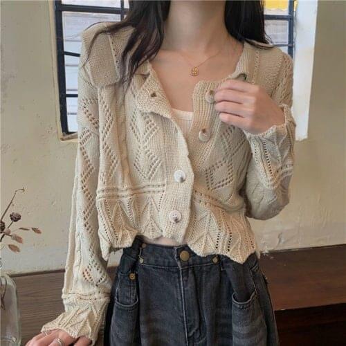 New Women Vintage Jacquard Mesh Cloth Crochet Knitting Long Sweater Female V Neck Puff Sleeve Casual Sweater Spring Korean Style