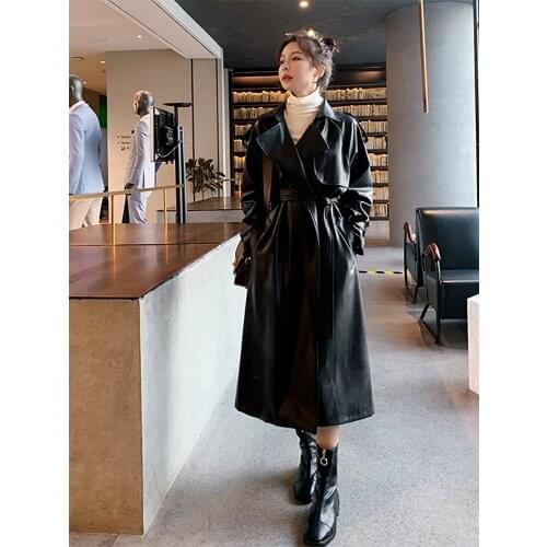 Fashion Brand New Womens Long PU Leather Trench Coat With Belt Lady Windbreaker Waterpoof Female Outerwear Spring Autumn Black