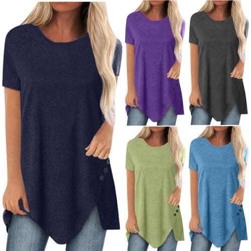 T Shirt Women Harajuku Plus Size Button Solid 0-Neck Short Sleeve Irregular Casual Tee Shirt Streetwear Top блузка женская