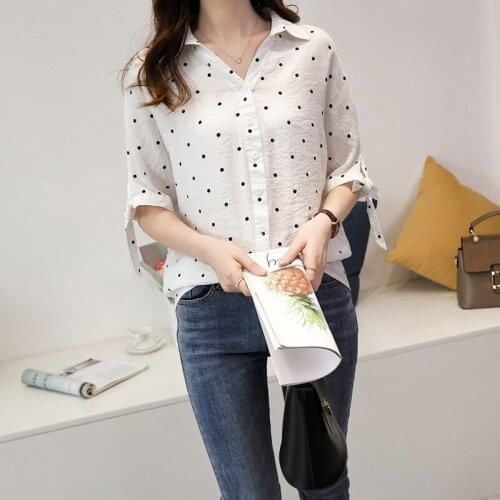 2019 Vintage Chiffon Polka Dots Shirt Womens Blouse Tops Short Sleeve Shirt