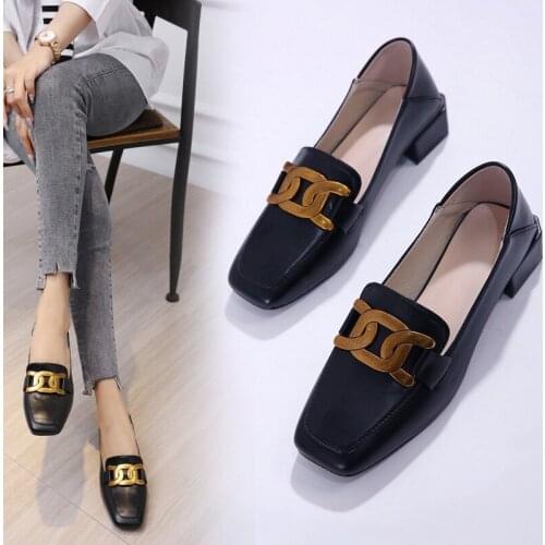2021 Women Genuine Leather Flats Chunky Heels Loafers Metal Decor Round Toe Skid Proof Shallow Spring Casual Shoes