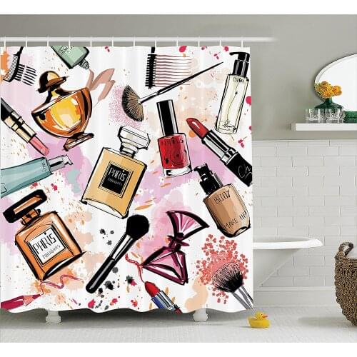 Girly Decor Shower Curtain Set Cosmetic and Make Up Theme Pattern with Perfume and Lipstick Nail Polish Brush Modern City
