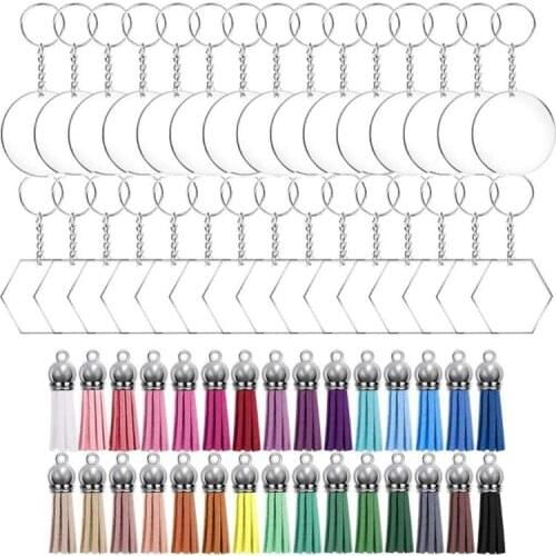120 Pcs Acrylic Keychain Blanks with Key Rings Jump Rings Round Clear Discs Circles Colorful Tassel Pendants