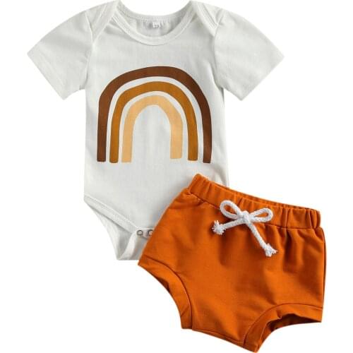 2021 0-18M Infant Baby Girl Boy Clothing Rainbow Print Short Sleeve Romper Top+Triangle Shorts 2pcs Casual Cotton Outfits Set