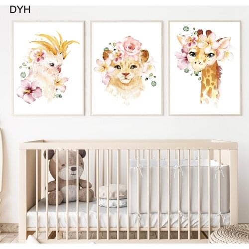 Watercolor Tropical Animal Floral Parrot Leo Giraffe Nursery Wall Art Posters And Prints Canvas Painting Baby Room Decoretion
