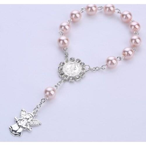 Catholic Religious Rosary Jesus Charm Bracelets for Baby Chirldren Glass Imitation Pearl Jewelry Rosary Kids Baptism Link Chains