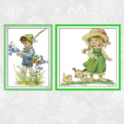 Childhood Boy and Girl Cross-stitch Printed Patterns Aida Canvas Chinese Cross Stitch Kits DIY Handmade Embroidery Needlework