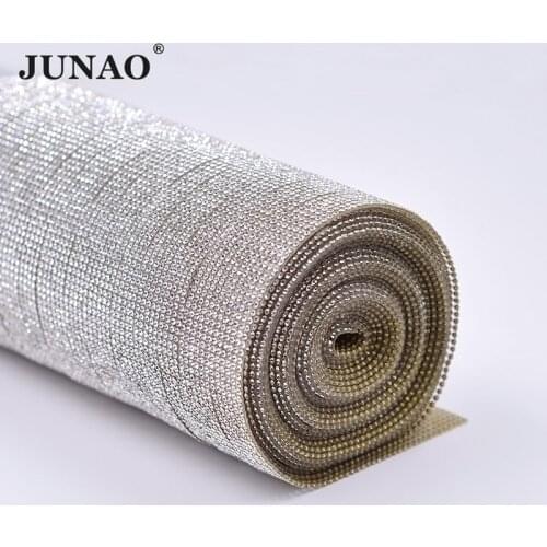 JUNAO 5 Yard*24cm Clear Hotfix Rhinestones Mesh Trimming Glass Crystal Fabric Sheet Beaded Applique Iron On Strass Patches