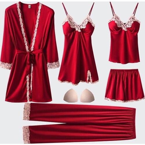 Lace Sleepwear Sleep Suit Lady Satin Pajama Set Bridal Sexy Loungewear Pyjamas Casual Spring Home PJS Robe Gown Nightwear