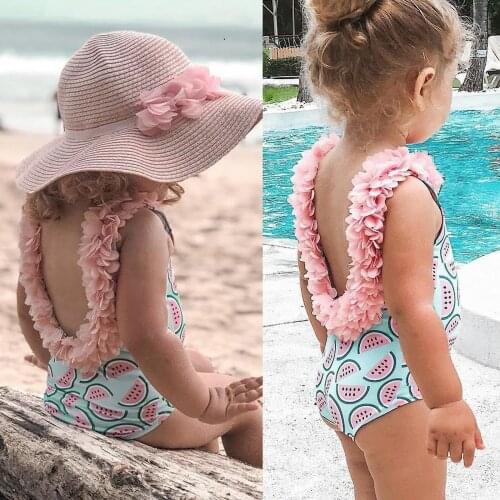 Toddler Kids Baby Girl Swimwear Wreath Lace-trimmed Swimsuit One Piece Bikini Watermelon Print Beach Backless Summer Beachwear