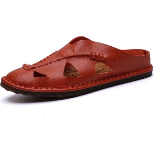 New Fashion Mens Leather Sandals Breathable Mules Shoes Slide Slip On Sandals Men Summer Shoes Home Slippers Large Sizes 48