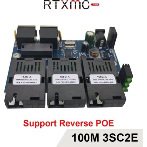 Reverse POE 100M Fast Erhetnet 10/100M Ethernet Switch 3 Fiber Port SC 25KM 2UTP RJ45 FiberOptical Switch PCBA With Adapter