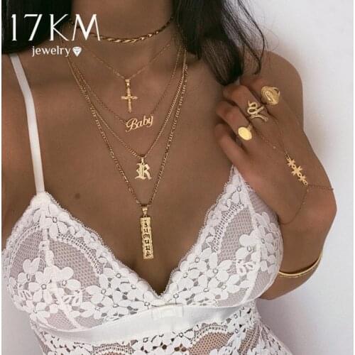 17KM New Multilayer Cross Gold Pendant Necklaces For Women Punk Letter Choker Necklace 2020 Fashion Words Jewelry Party Gift
